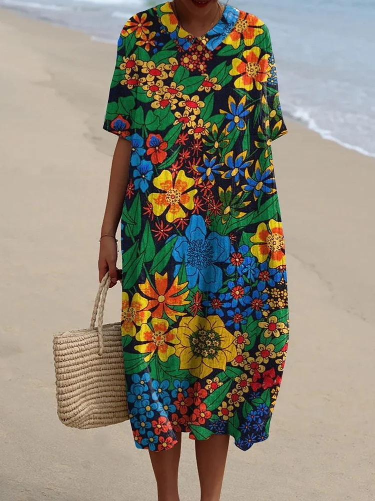 Women's Vintage Floral Art Print Pocket Linen Dress（Convertible Dress With Front And Back Option）