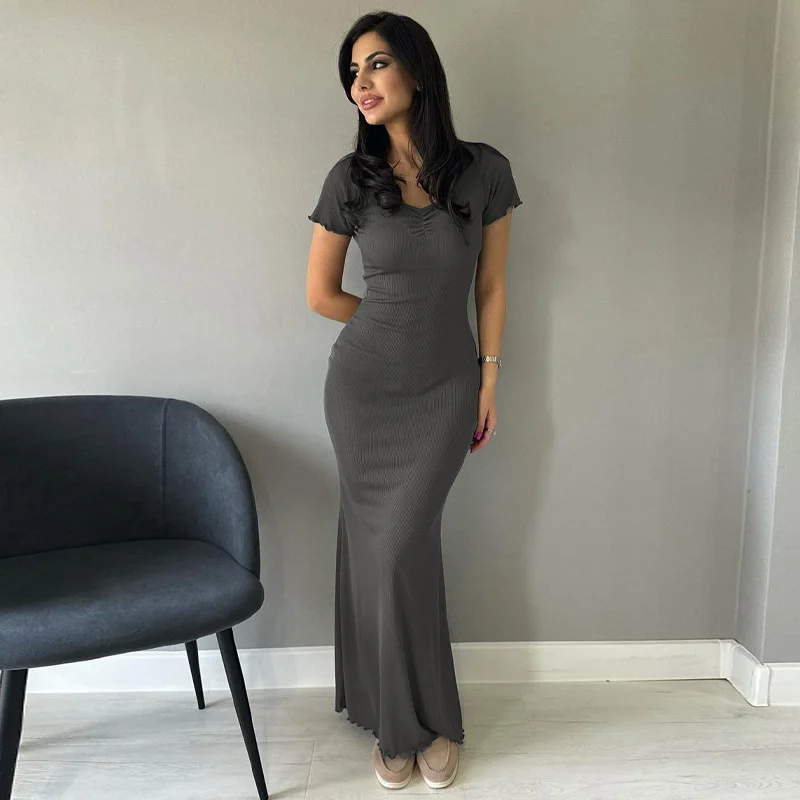 Uveng Uveng Summer New Women's Solid Color Temperament U Collar Short Sleeve Slim Long Dress Female