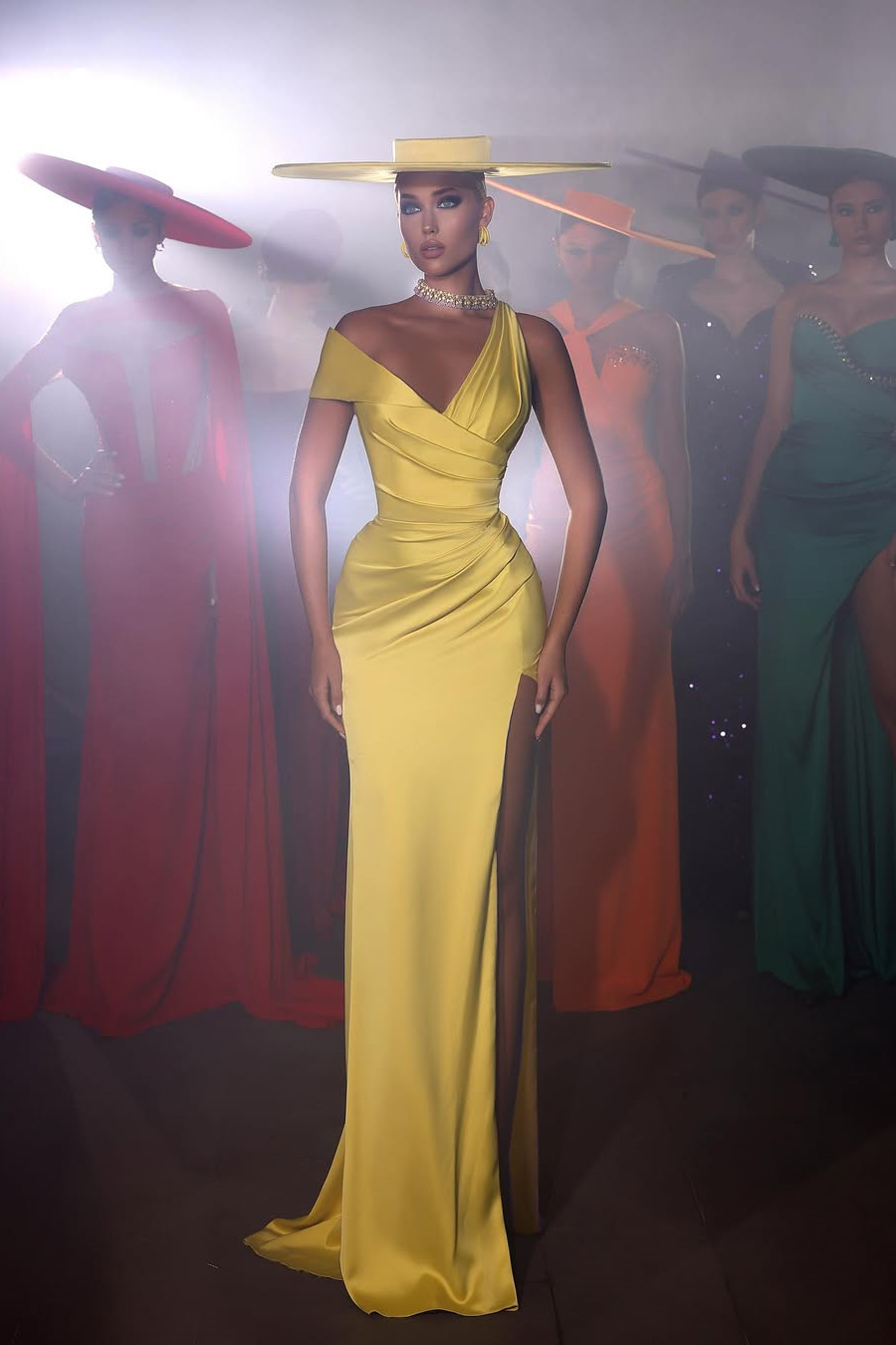 Bellasprom Yellow Off-the-Shoulder Sleeveless Mermaid Prom Dress Pleats With Split Online Bellasprom
