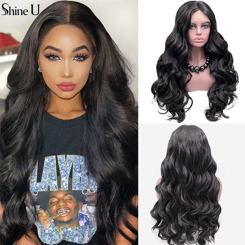 Body Wave Synthetic Lace Front Wigs 24 Inch Long Wavy Lace Front Synthetic Hair Natural Black Wigs for Women Heat Resistant Wig US Mall Lifes