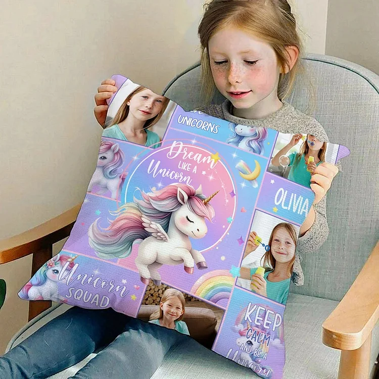 Personalized Cute Unicorn Photo Collage Soft Throw Pillow Cover with Name Home Decor Christmas Birthday Gift for Kids Girls