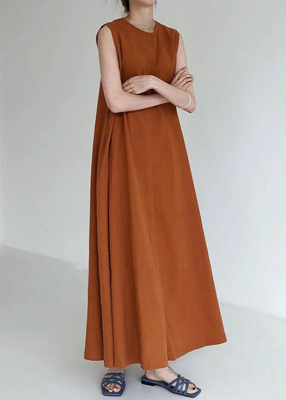 Plus Size Brown Red Pockets Loose Cotton Dress Sleeveless