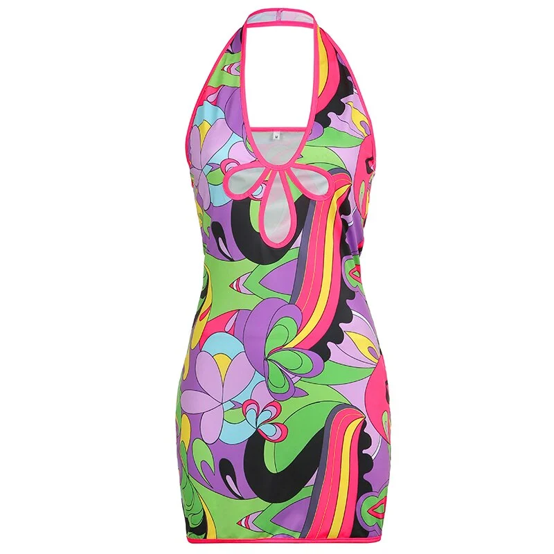 HEYounGIRL Summer Printed Sexy Backless Bodycon Mini Dress Cut Out V Neck Short Tank Dresses Women Fashion Streetwear Party