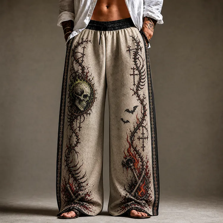 Men's Gothic Wide-leg Pants - Vintage Skulls, Spiked Crosses And Spine Bones Print Casual Trousers