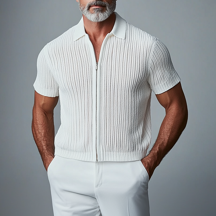 Men's Ribbed Knit Turndown Collar Zip Up Short Sleeve Shirt