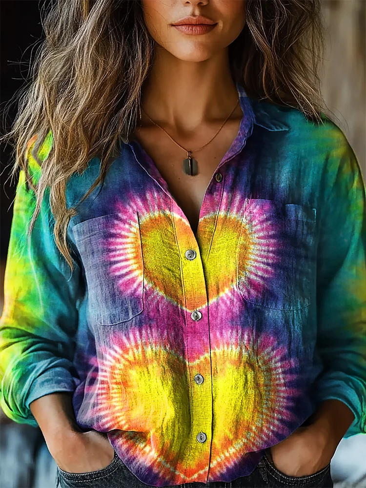 Women's Colorful Heart Tie Dye Art Print Casual Long Sleeve Comfortable Cotton Shirt