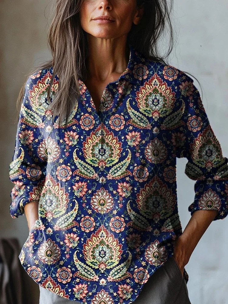 Women's Vintage Lovely Floral Art Print Casual Cotton And Linen Shirt