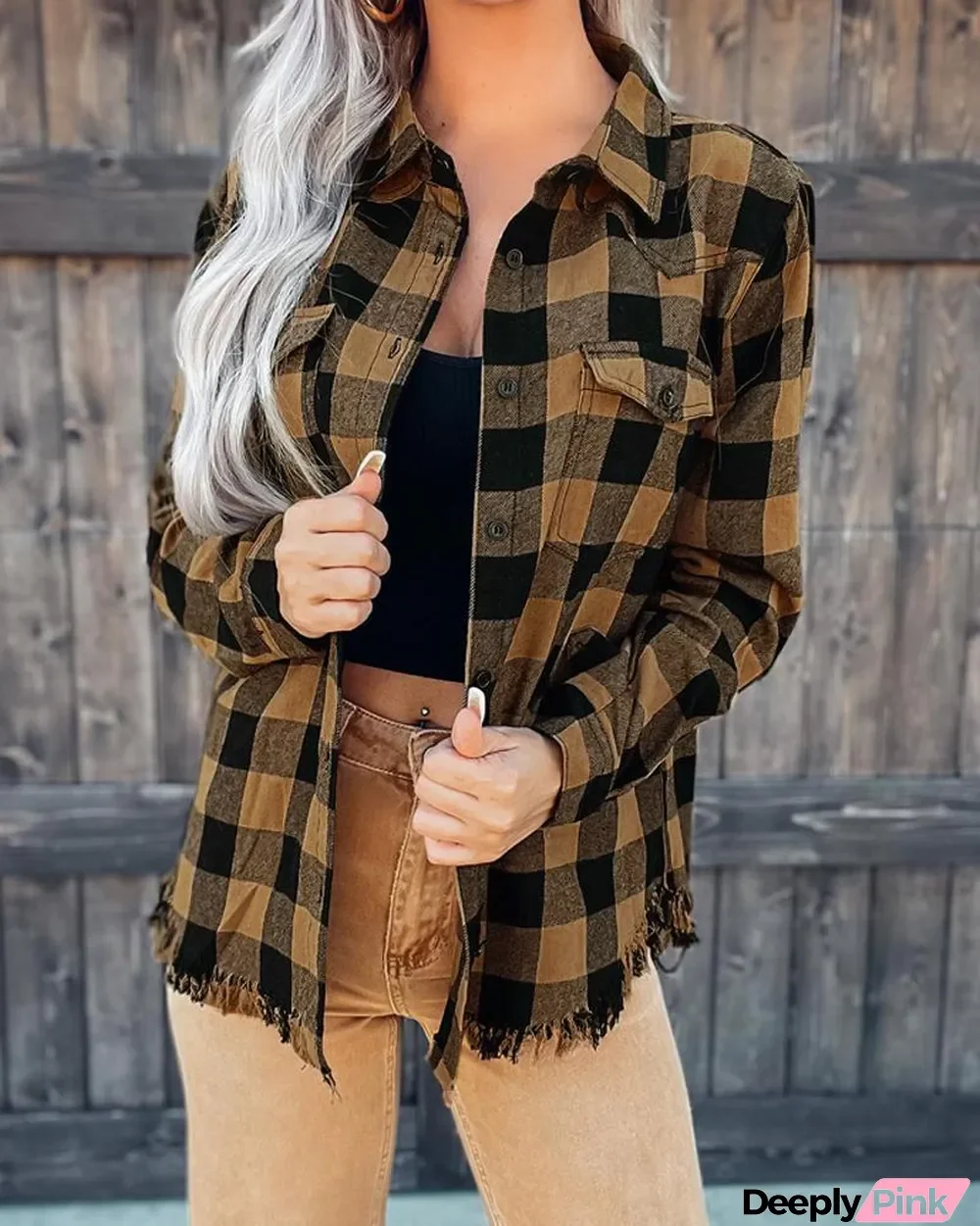 Plaid Print Raw Hem Button Down Shacket