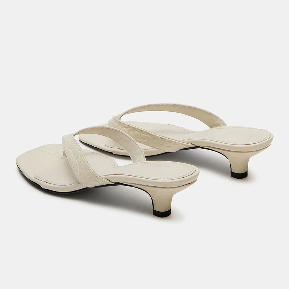 Ivory Vegan Leather Croc Embossed Kitten Heel Flip Flops for Women