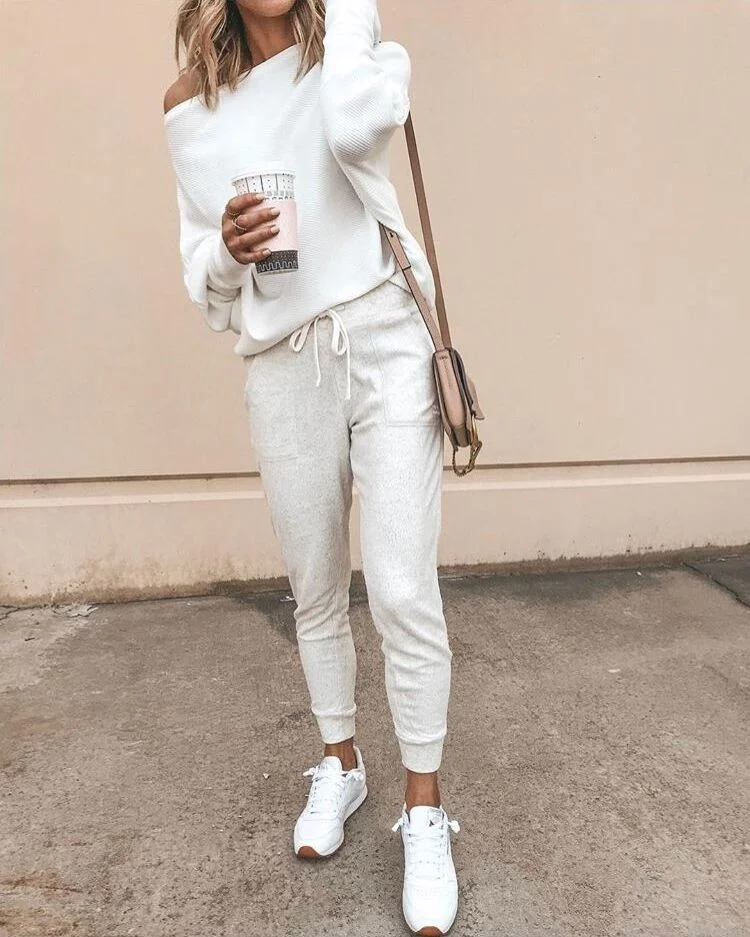 Oblique Neckline Solid Loose Regular Sweaters