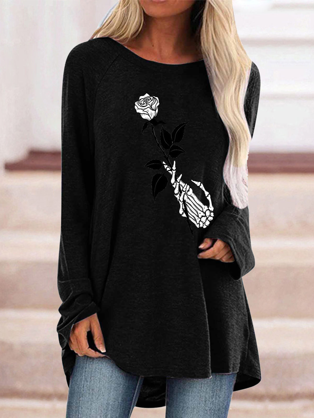 Women Long Sleeve V-neck Graphic Floral Printed Top