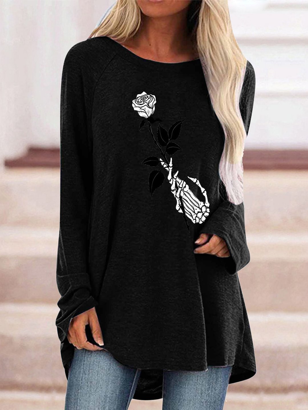 Women Long Sleeve Scoop Neck Solid Floral Printed Graphic Top