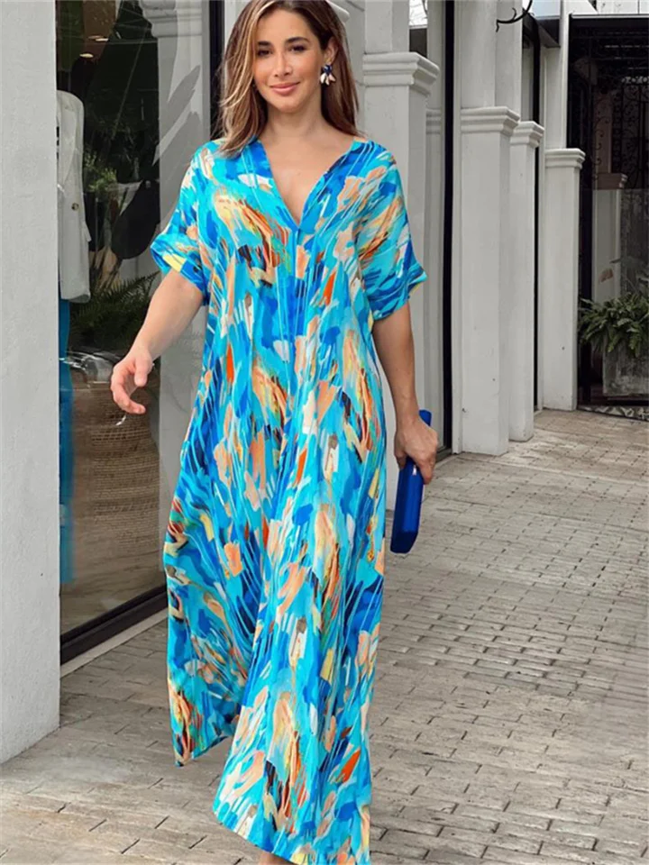 Spring and Summer New Printing V-neck High Waist Short-sleeved Colorful Spell Colorful Hem Dress Dress Elegant Wind Loose Long Dress