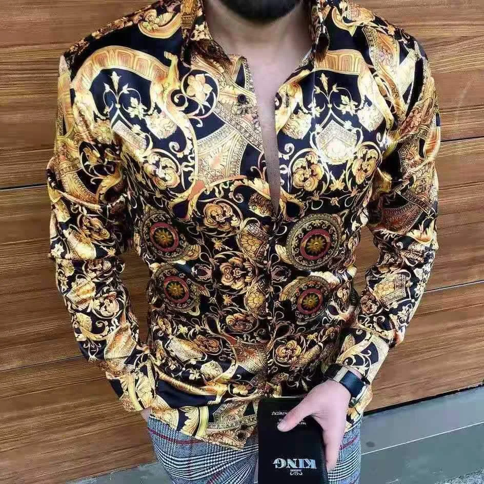 Gold flower printed long sleeve men shirt