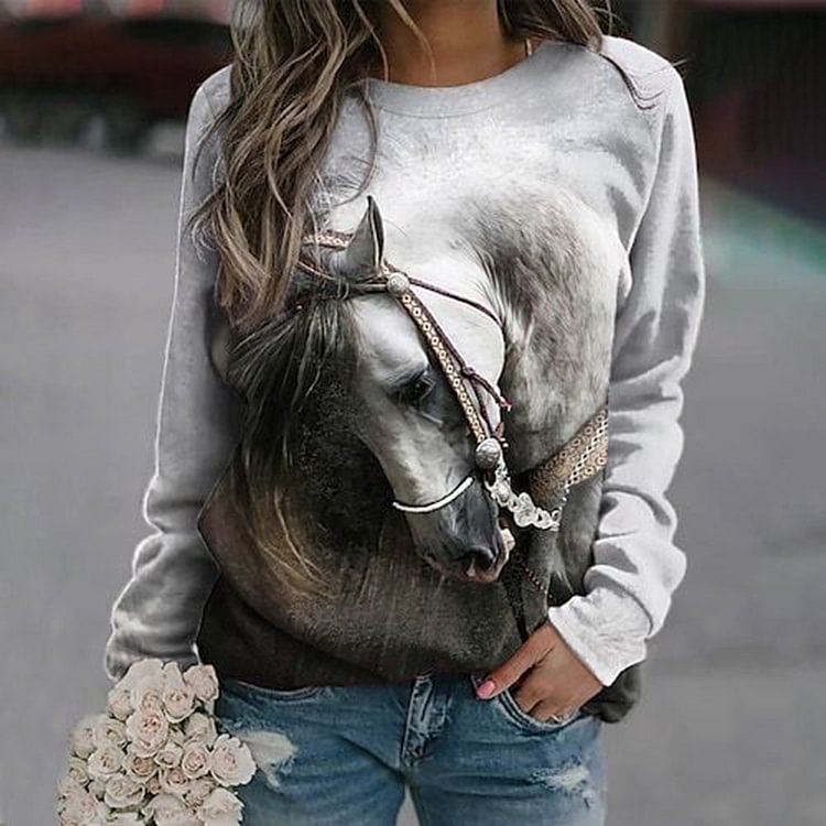 Vefave Western Horse Print Long Sleeve Sweatshirt
