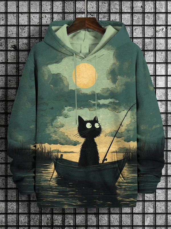 Men's Cat Fishing Art Print Hooded Sweatshirt