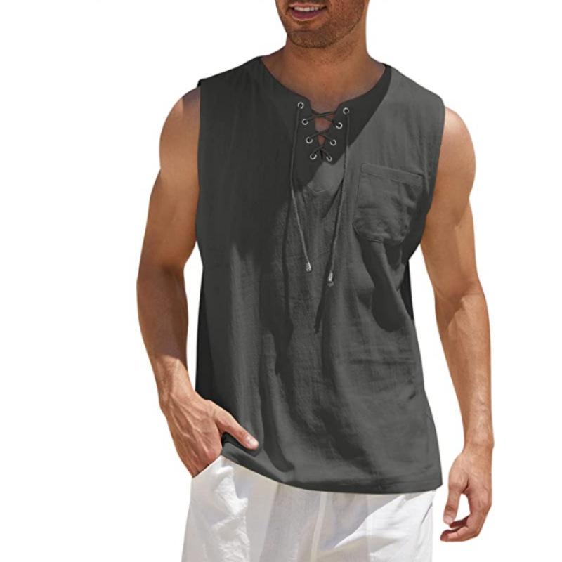  Men's Casual Sleeveless Vest with Lace-Up Front Design for Summer