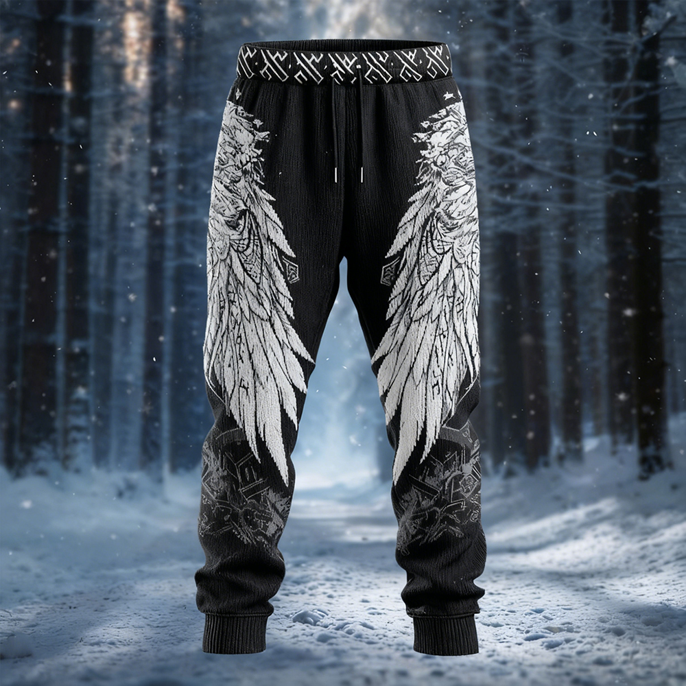 Men's Vintage Viking Angel Wings Pattern Cozy Knit Pants elevenforest