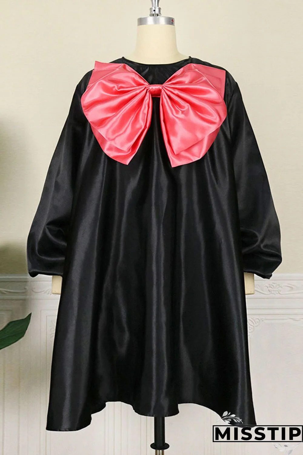 Black Casual Sweet Solid Patchwork With Bow O Neck A Line Plus Size Dresses