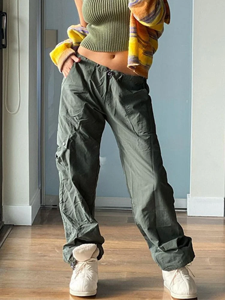 Jacqueline Y2K Wide Leg Cargo Pants Women Drawstring Baggy Low Waist Fashion Hippie Trousers Pocket Casual Street Vintage Brown