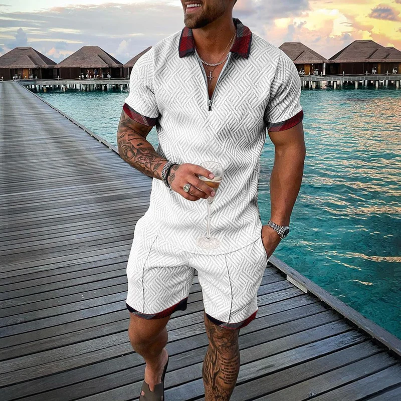Trendy Color Contrast Check Trim Polo Shirt And Shorts Two-Piece  Co-Ord