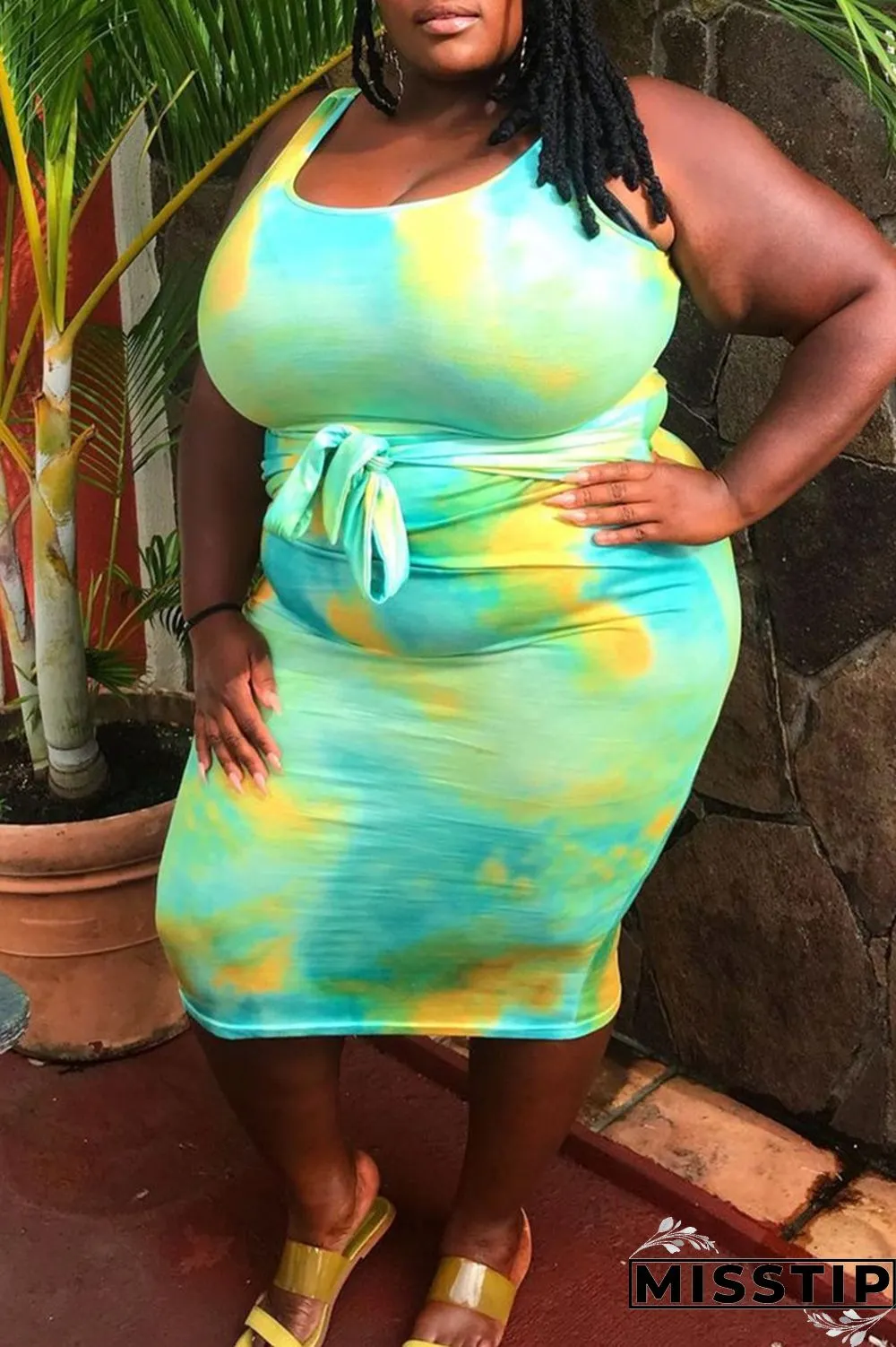 Multicolor Fashion Sexy Plus Size Tie Dye Printing U Neck Vest Dress