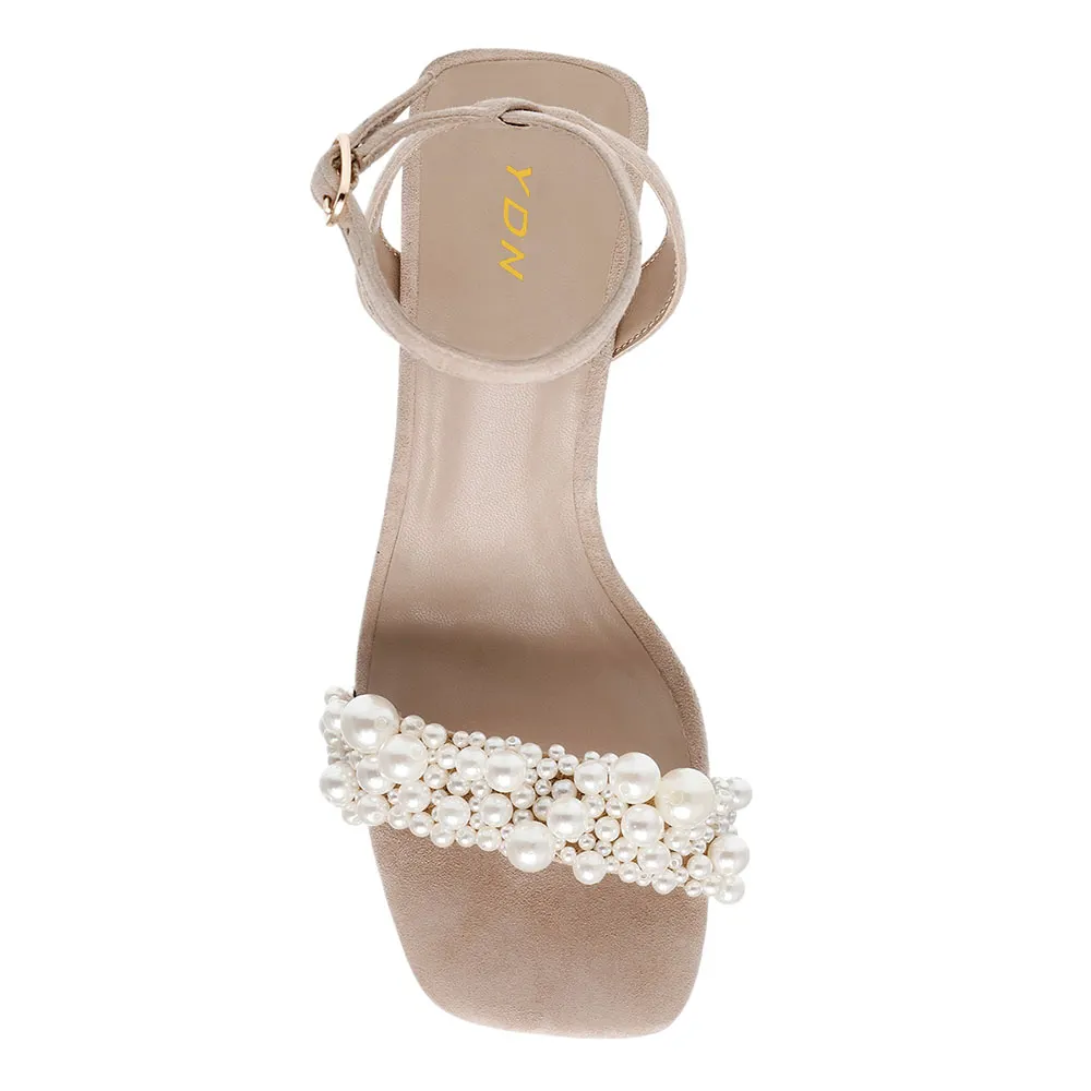 Nude Vegan Suede Open Toe Pearl Women's Heel Sandals with Ankle Strap