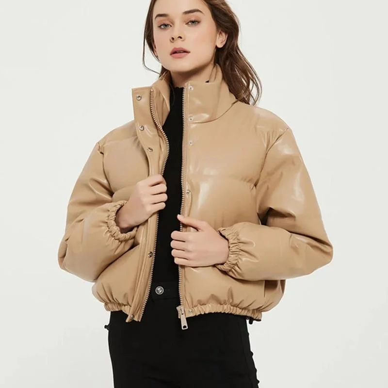 Winter Parkas Women Coat Short Down Jackets For Women Female PU Leather Bomber Jacket Elegant Doudoune Femme Veste Manteau 2021 1205