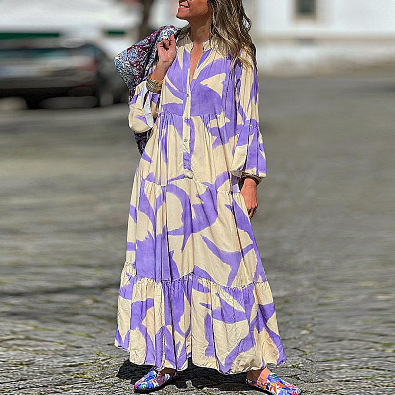 Women's Elegant V Neck Casual Printed Long Sleeve Loose Bohemian Maxi Dress