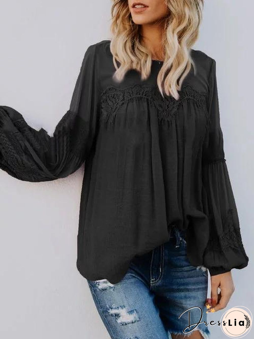 Lace Solid Long Sleeve Crew Neck Casual Blouse