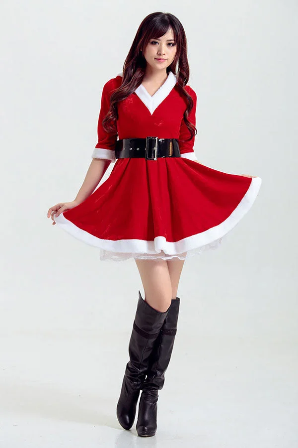 Womens V Neck Swing Santa Christmas Dress Costume Red-elleschic