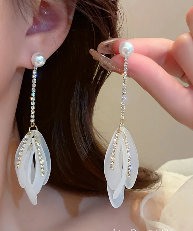 Elegant White Alloy Zircon Pearl Petal Tassel Drop Earrings