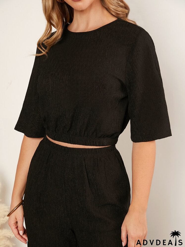 Solid Crop Tee & Wide Leg Pants Set