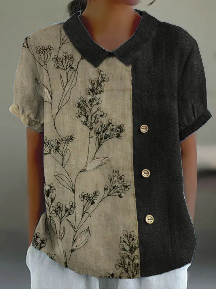 Classy Floral Embroidered Contrast Color Linen Blend Tunic