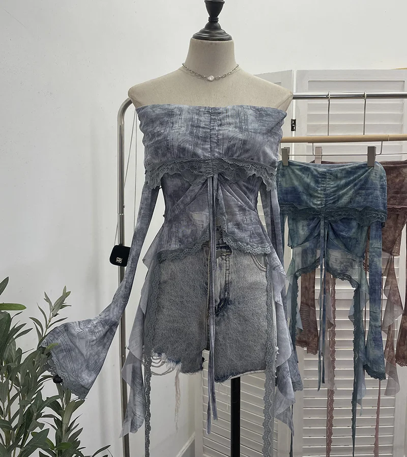 Churchf Small-Sized Old-Fashioned Green Shoulder Horn Sleeve Blouse Dye Net Yarn Lace Draw Rope Short T-Shirt 8010