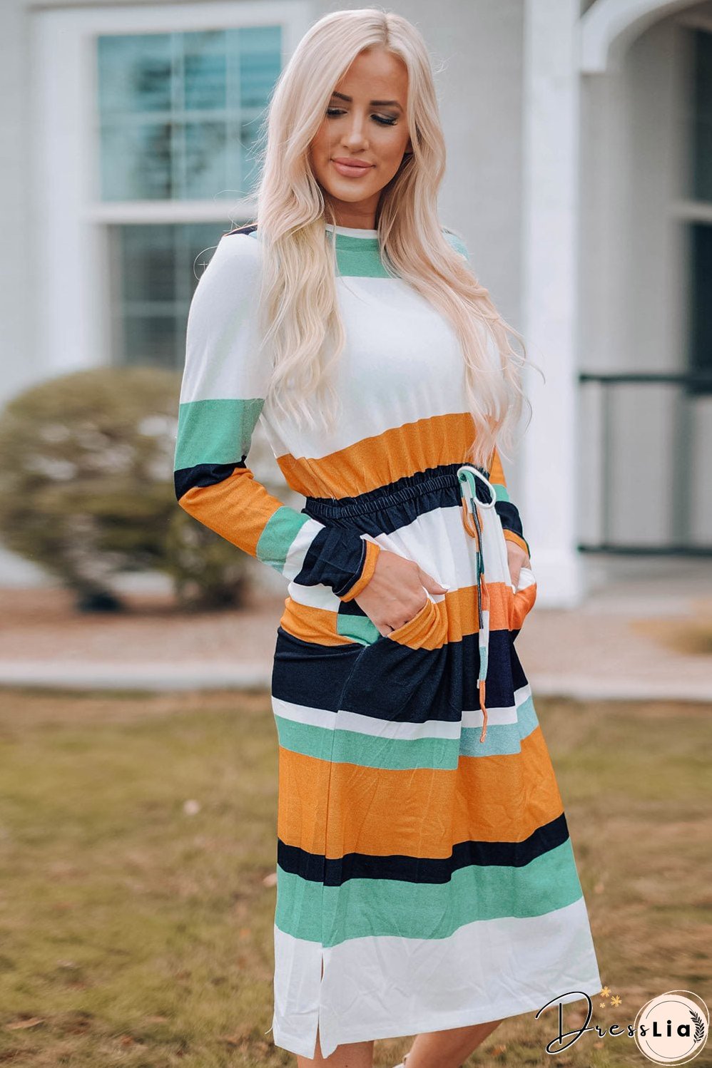 Striped Drawstring Waist Side Slit Midi Dress