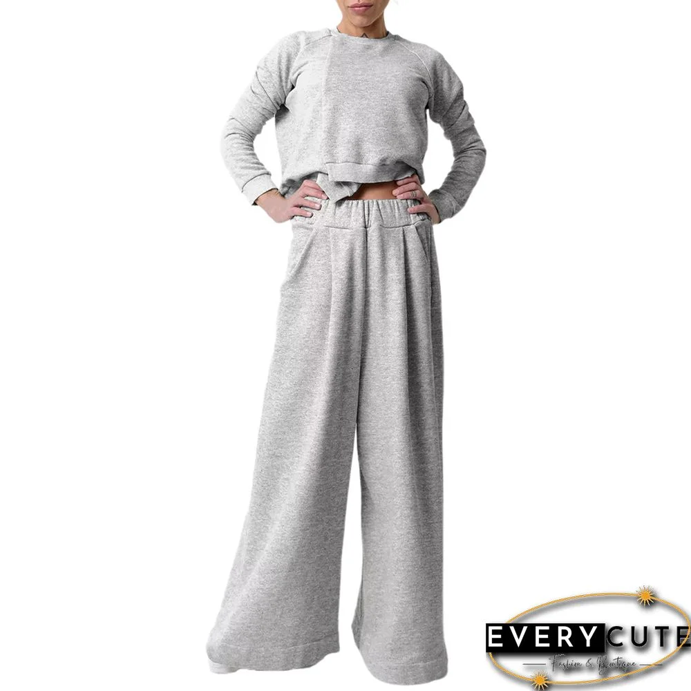 Light Gray Irregular Sweatshirt with Wide Leg Casual Pant Set