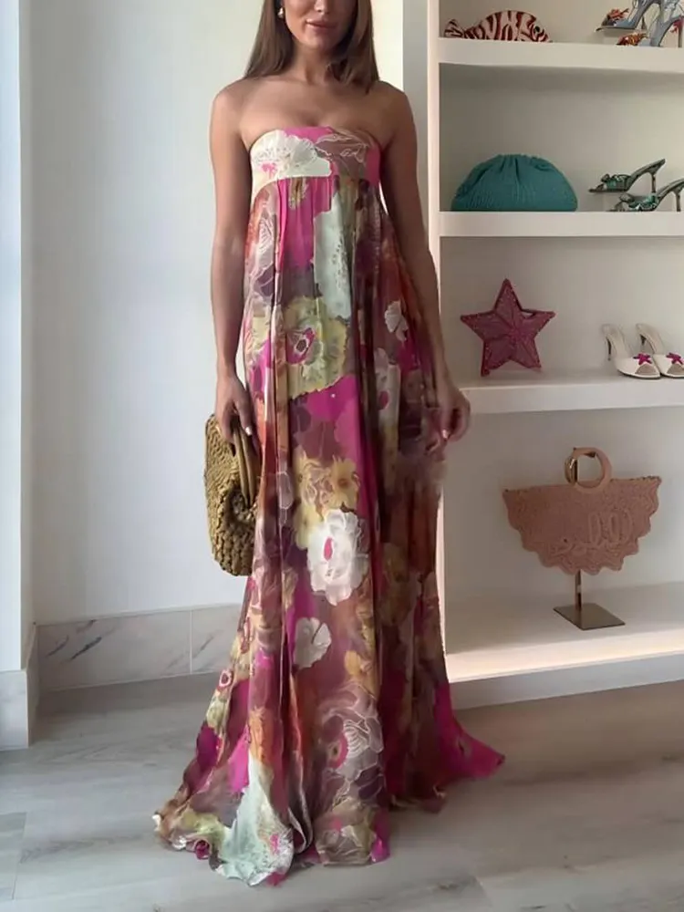 Ethnic Floral Print Off Shoulder A-line Maxi Dress