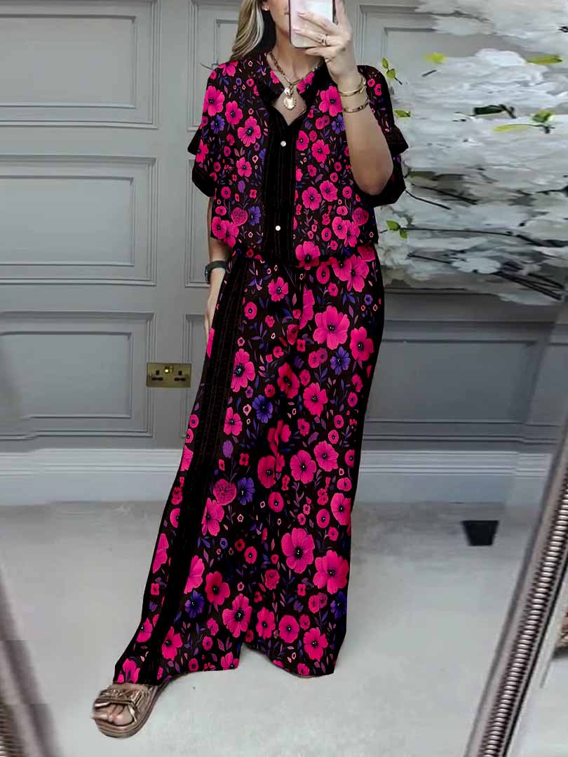 Women Floral, Red, Black DZDL1166 V-neck Short Sleeve Blouse and Pants Set