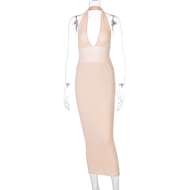 Dulzura Solid Ribbed Knitted Stripe Women Halter Midi Dress Backless Patchwork Bodycon Sexy Party Elegant Club 2021 Summer Club