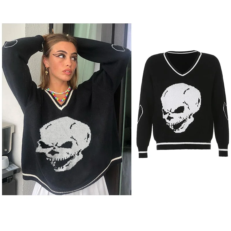 Rapcopter Sweaters Skulls Pullovers V Neck Knitwear Loose Casual Knitted Jumpers Women Streetwear Retro Tops Autumn Winter Cute