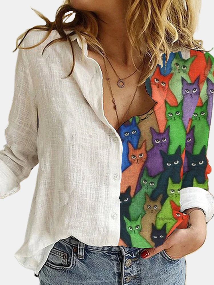 Cartoon Cat Printed Long Sleeve Turn down Collar Patchwork Blouse For Women P1721510