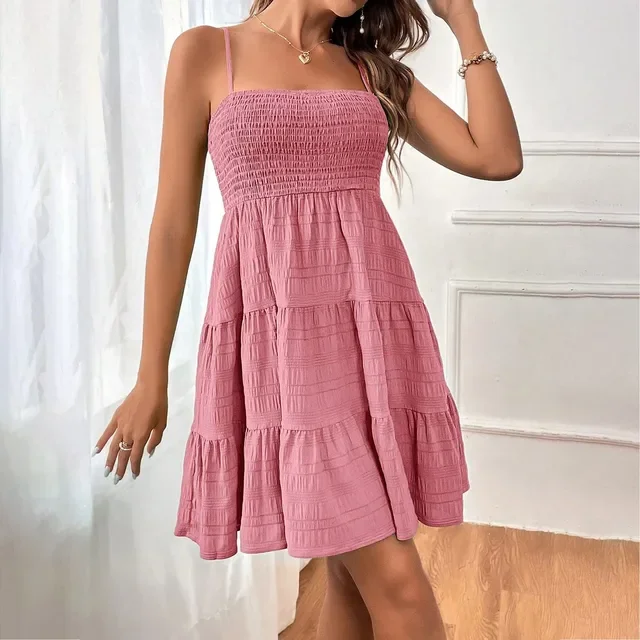 Women's Bohemian Beach Style Sleeveless Backless Big Swing Solid Spaghetti Strap Ruffles Dress 