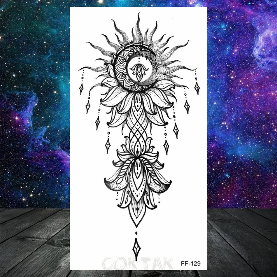 Owl Moth Jewelry Temporary Tattoo For Women Men Mandala Henna Flower Tattoo Mehndi Fake Pendants Geometric Tatoo Chest Back Lace