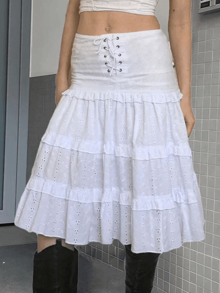 LANFUBEISI - Low Waist Lace Up Cutout Midi Skirt LANFUBEISI