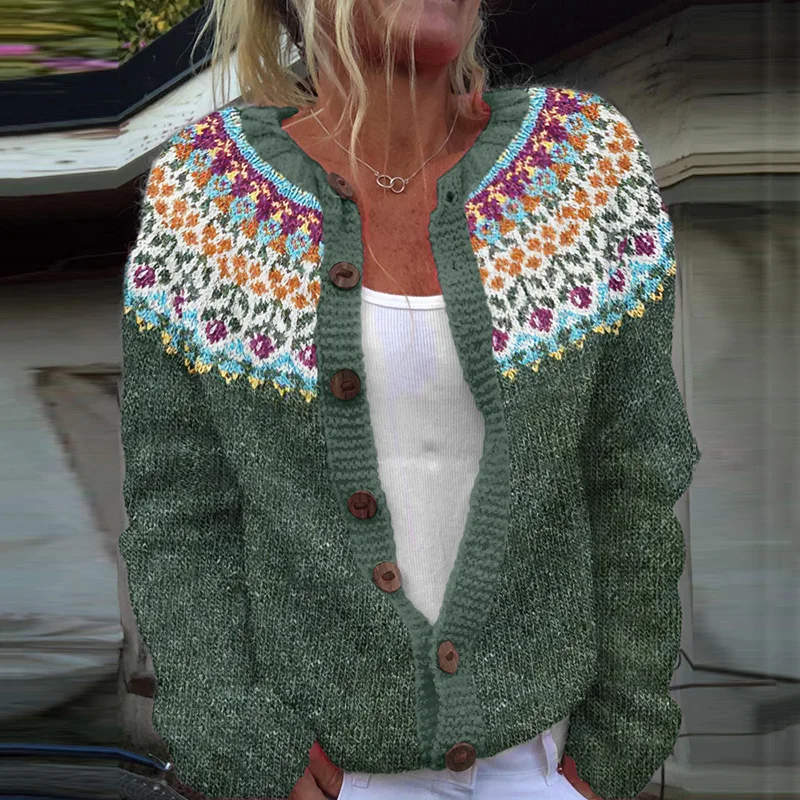 Vintage Icelandic Pattern Cozy Button Sweater
