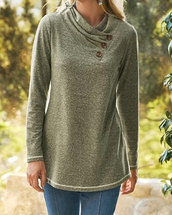 Casual Button Solid Long Sleeve Blouses