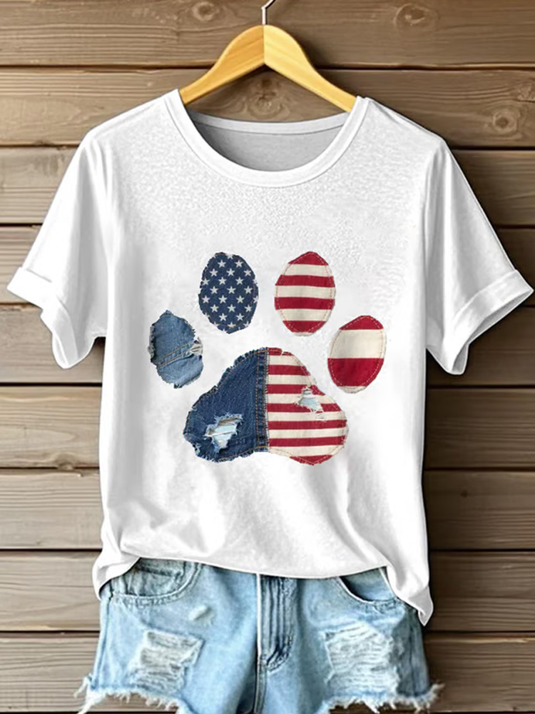 Women's Casual Faux Denim Flag Paw Print Crew Neck T-shirt wearshes