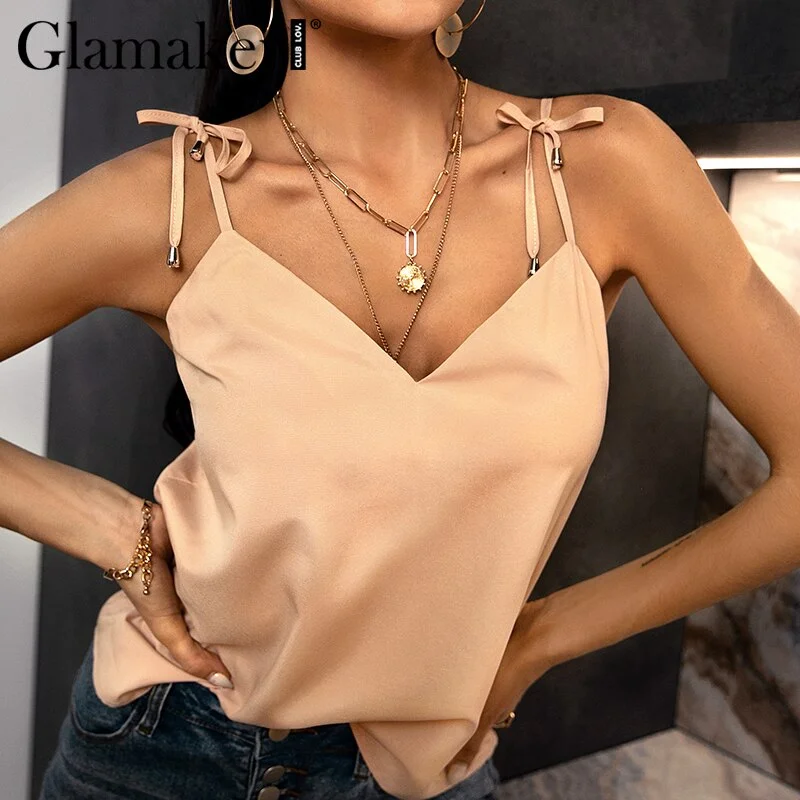 Glamaker V neck lace up tank top Casual women summer spring sleeveless tanks camis Basic all-match fashion short top 2021 new
