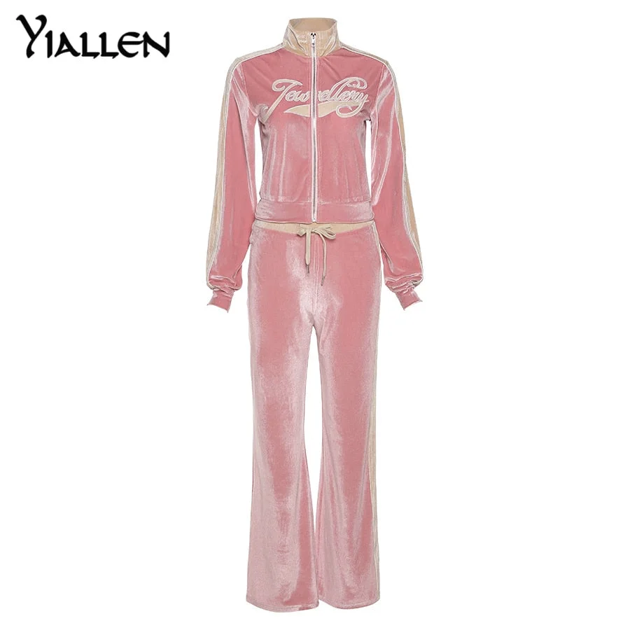 Yiallen Autumn Leisure SportsLetter Tops Coat Pants 2 Two Pieces Sets For Women Striped Stitching Comfortable Activitywear Suits
